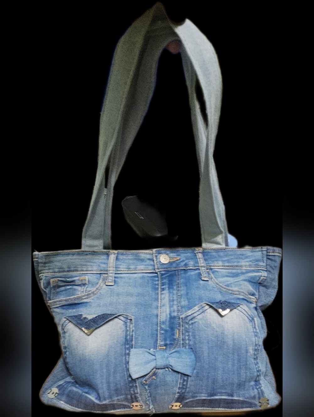 Denim Bow Accent Tote Bag - Light Blue